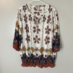 Fig And Flower Womens 3/4 Sleeves Blouse Boho Floral Top Sz 2X